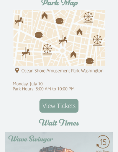 The Home screen featrues the park map, operating hours, view tickets, and the wait time of the user's favorite coaster.
