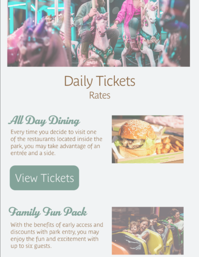 View the amusement park's daily tickets featuring All Day Dining and Family Fun Pack passes.