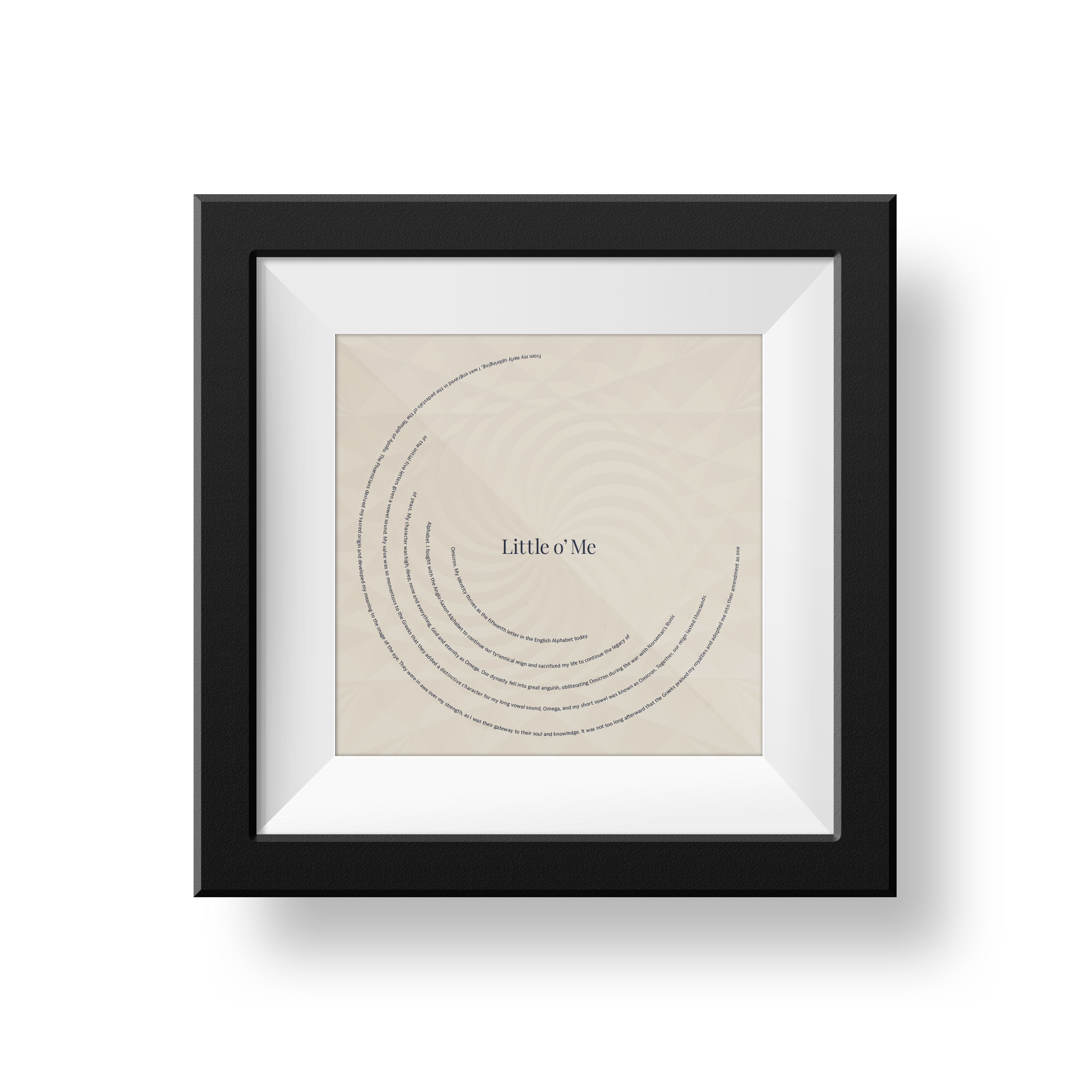 Framed artwork representing symbol of the letter o's history, curving into the shape of the letter