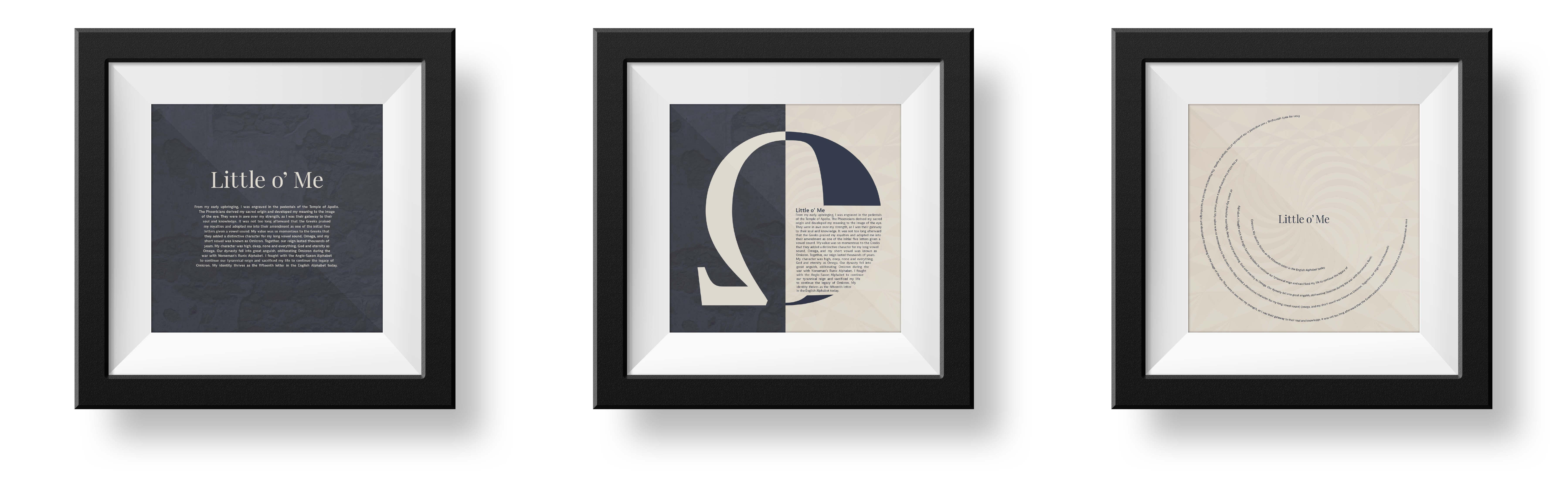 Framed artwork representing the title, symbol, and body copy of the letter's history, half omicron, and Omega.