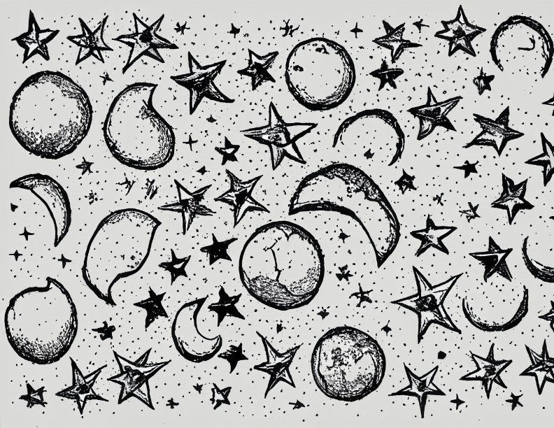 Sketches of an eclipse moon and stars for the logo