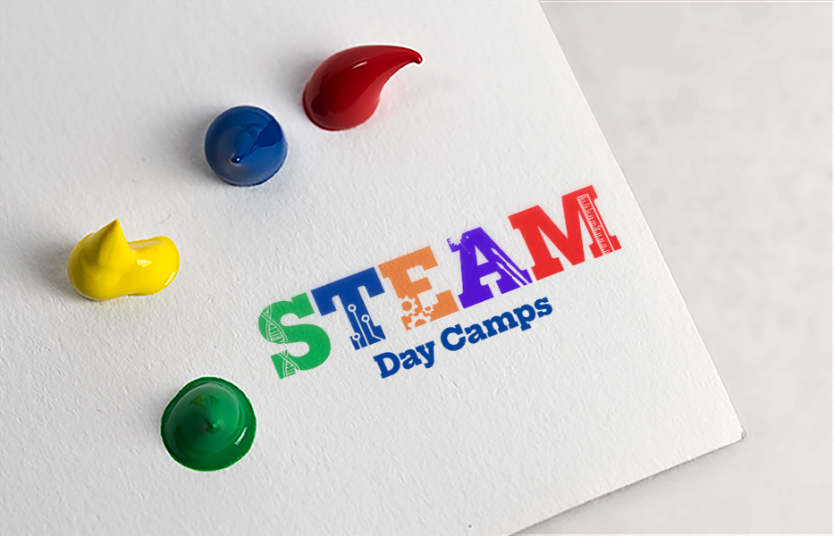 Dabs of red, blue, yellow, and green paint surrounding the STEAM Day Camps color logo