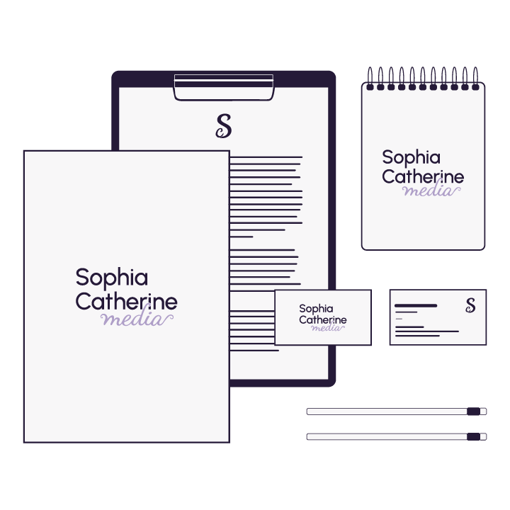 Marketing icon of business cards, pencil, clipboard, and letterhead icon